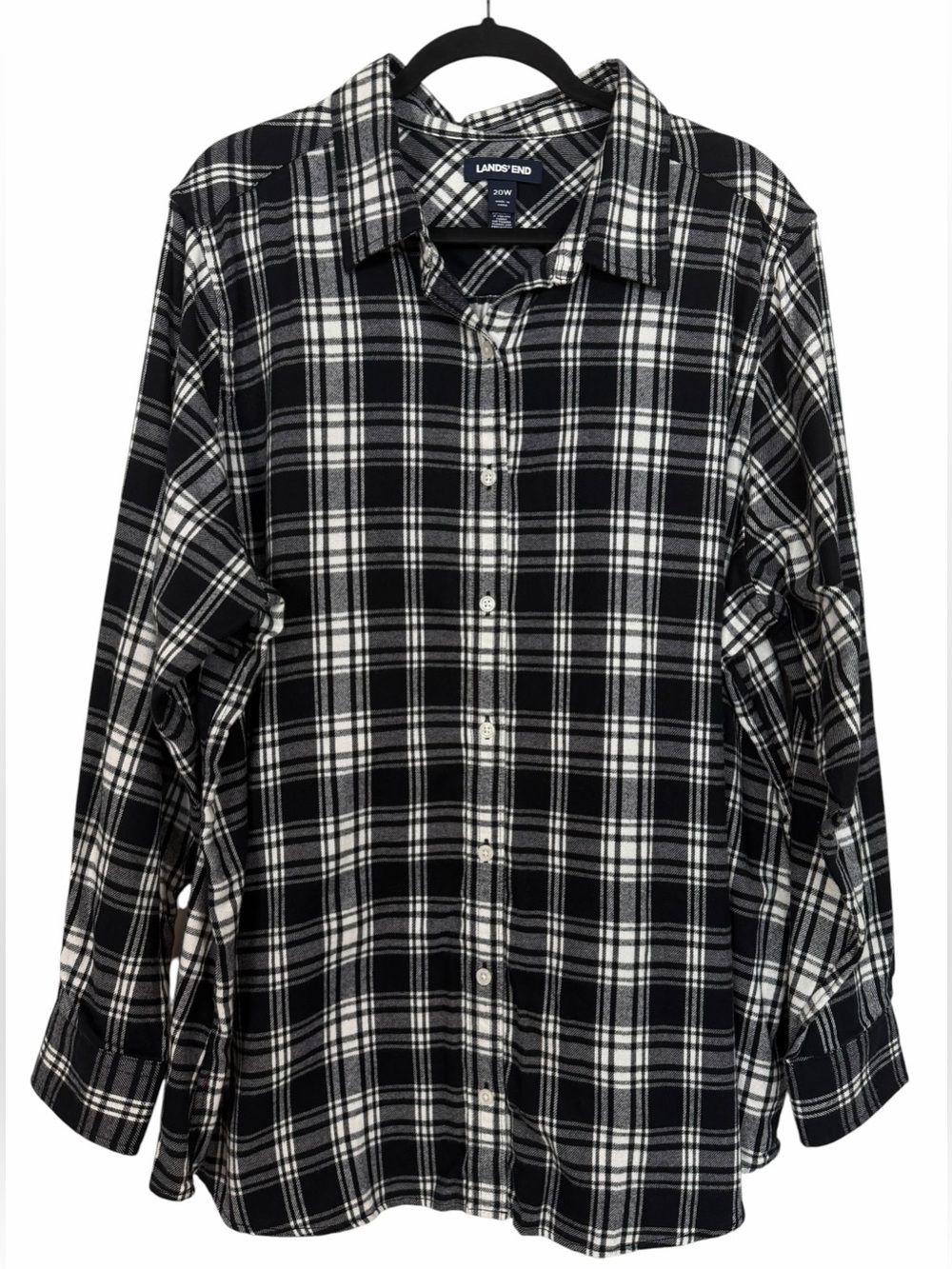 Lands’ End Women’s Flannel Button Front Shirt Black White Plaid Size 20W